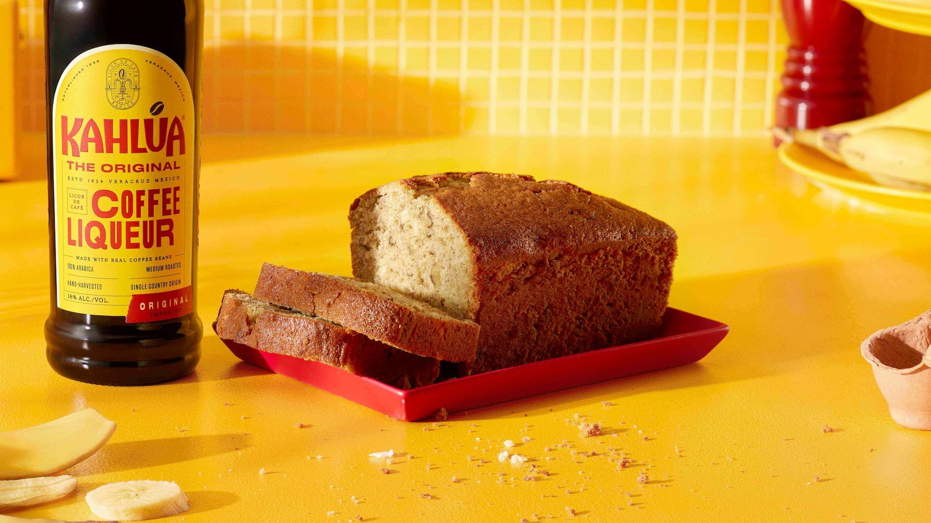 Kahlua banana bread dessert on a red plate