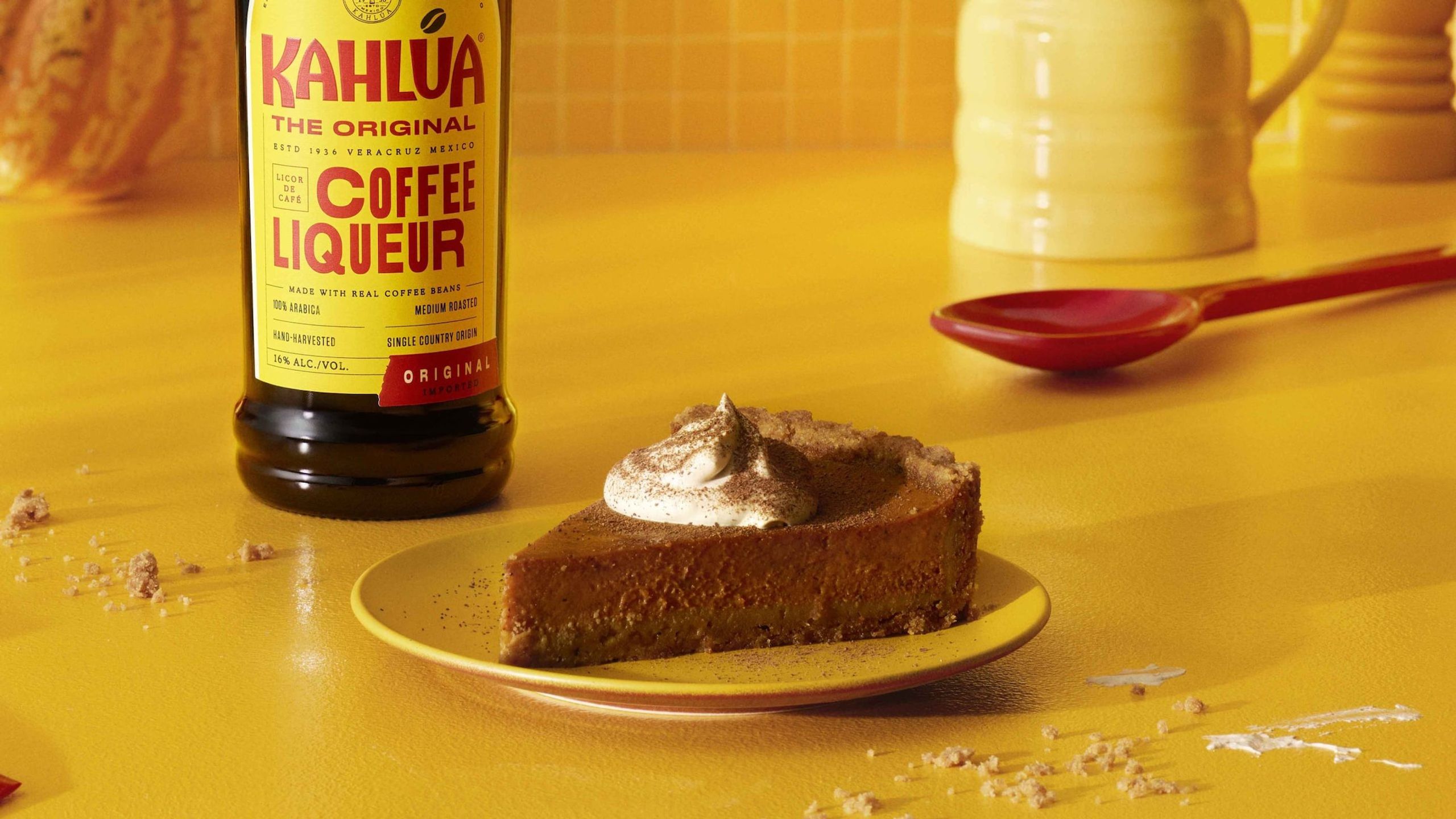 Kahlua Pumpkin Pie dessert on a yellow plate