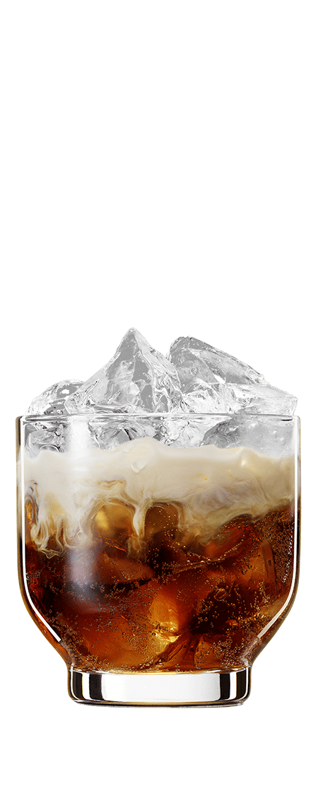 Colorado bulldog drink with cream and ice cubes in front of a transparent background