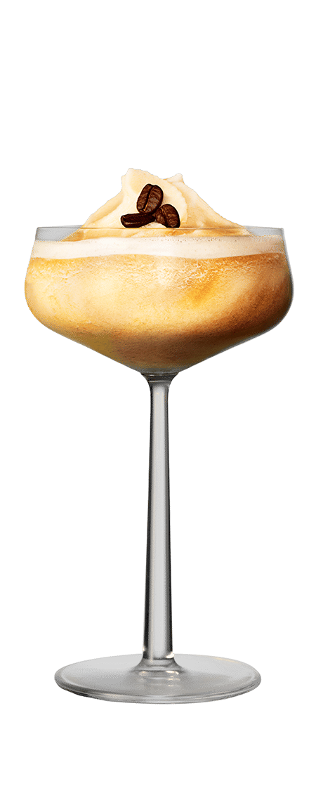 Frozen espresso martini garnished with three coffee beans in front of a transparent background