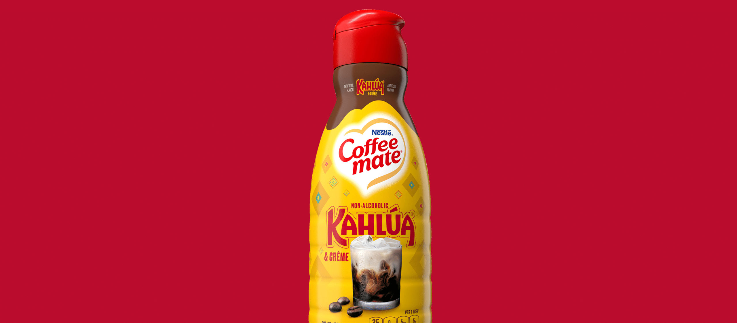 Kahlua Coffee Mate bottle on a red background