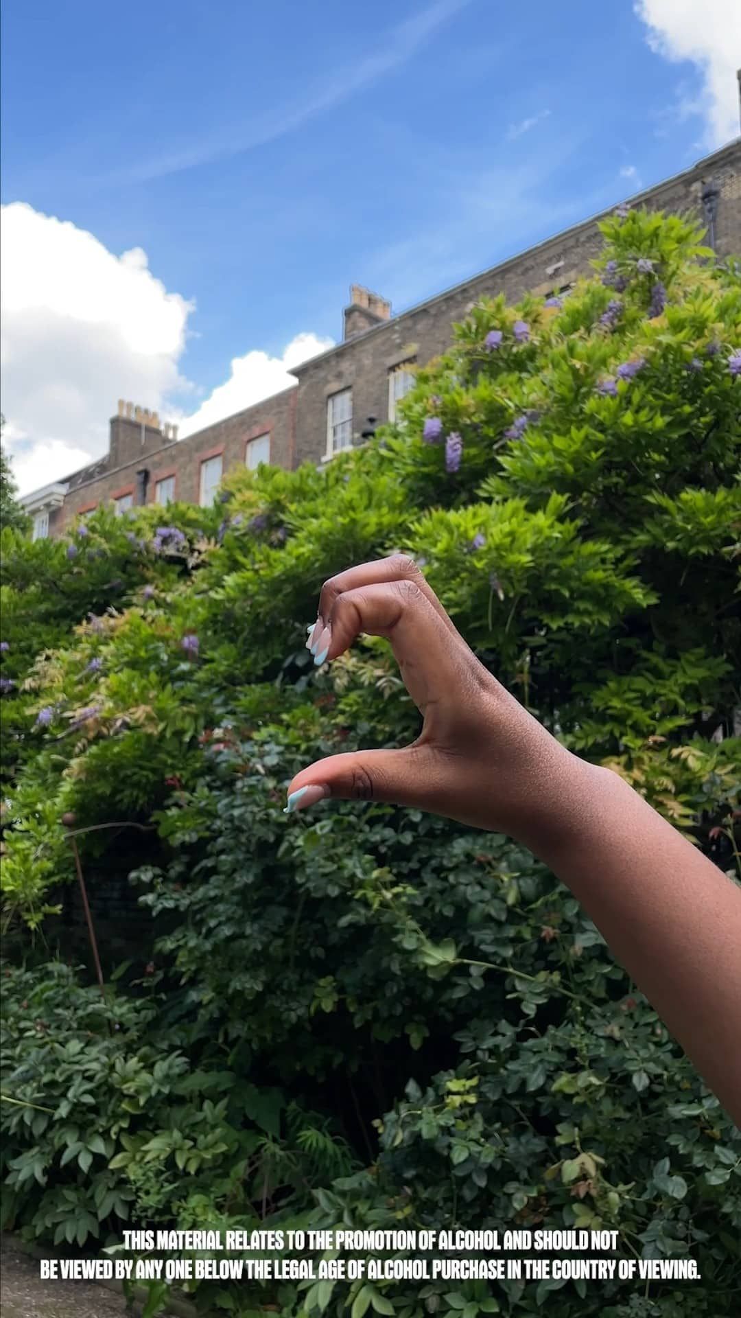 A view of a house and plants with a hand making half a heart