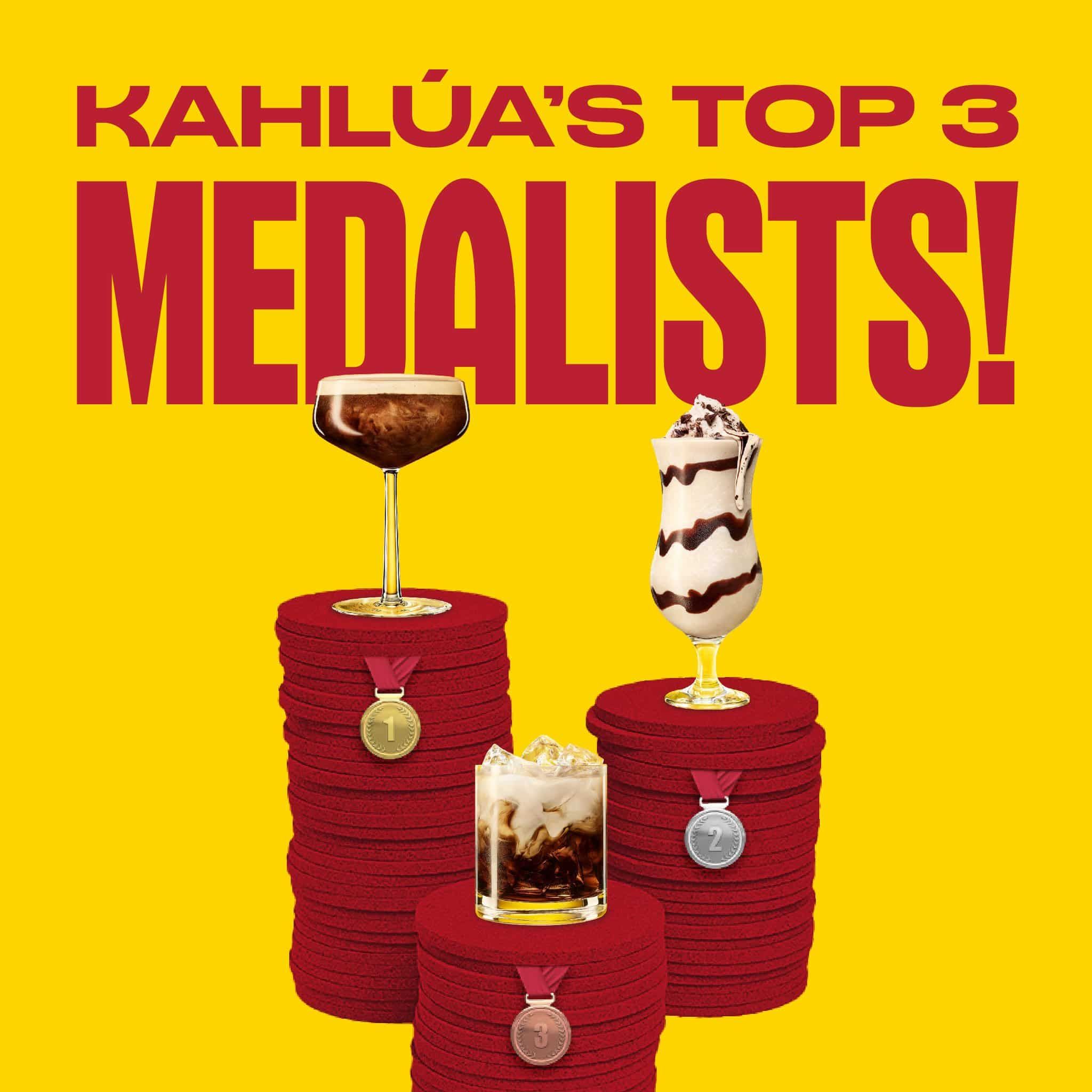 Kahlua award winning cocktails, 1st espresso martini, 2nd frozen mudslide and 3rd white russian cocktails