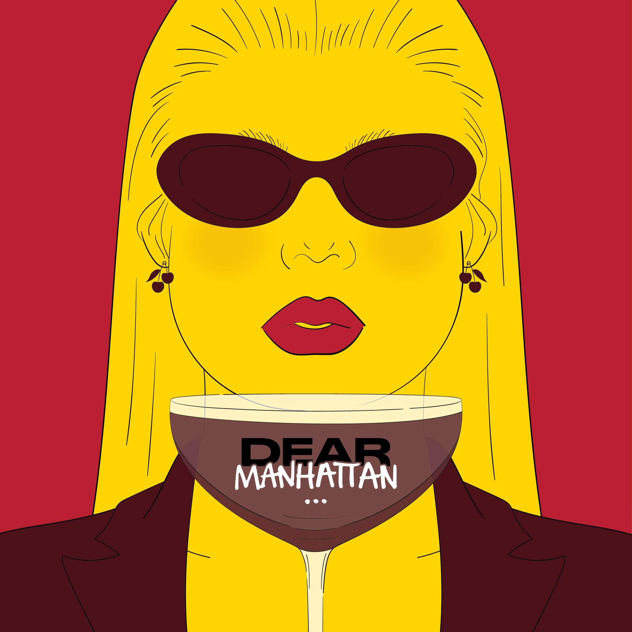 An image of a drawn lady with an Manhattan cocktail, the glass has writing saying 