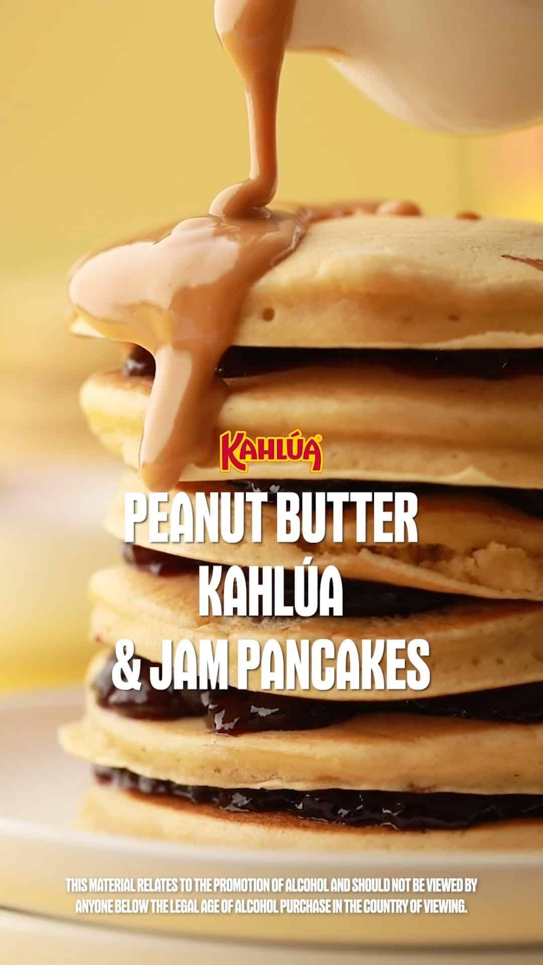 Peanut butter Kahlua and jam pancakes with sauce drizzled on them