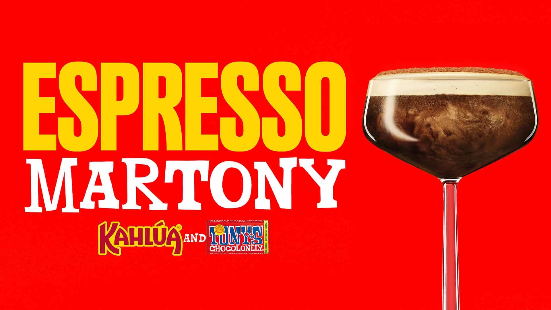 The text 'Espresso Martony' written in bold above an espresso martini with chocolate shavings image.