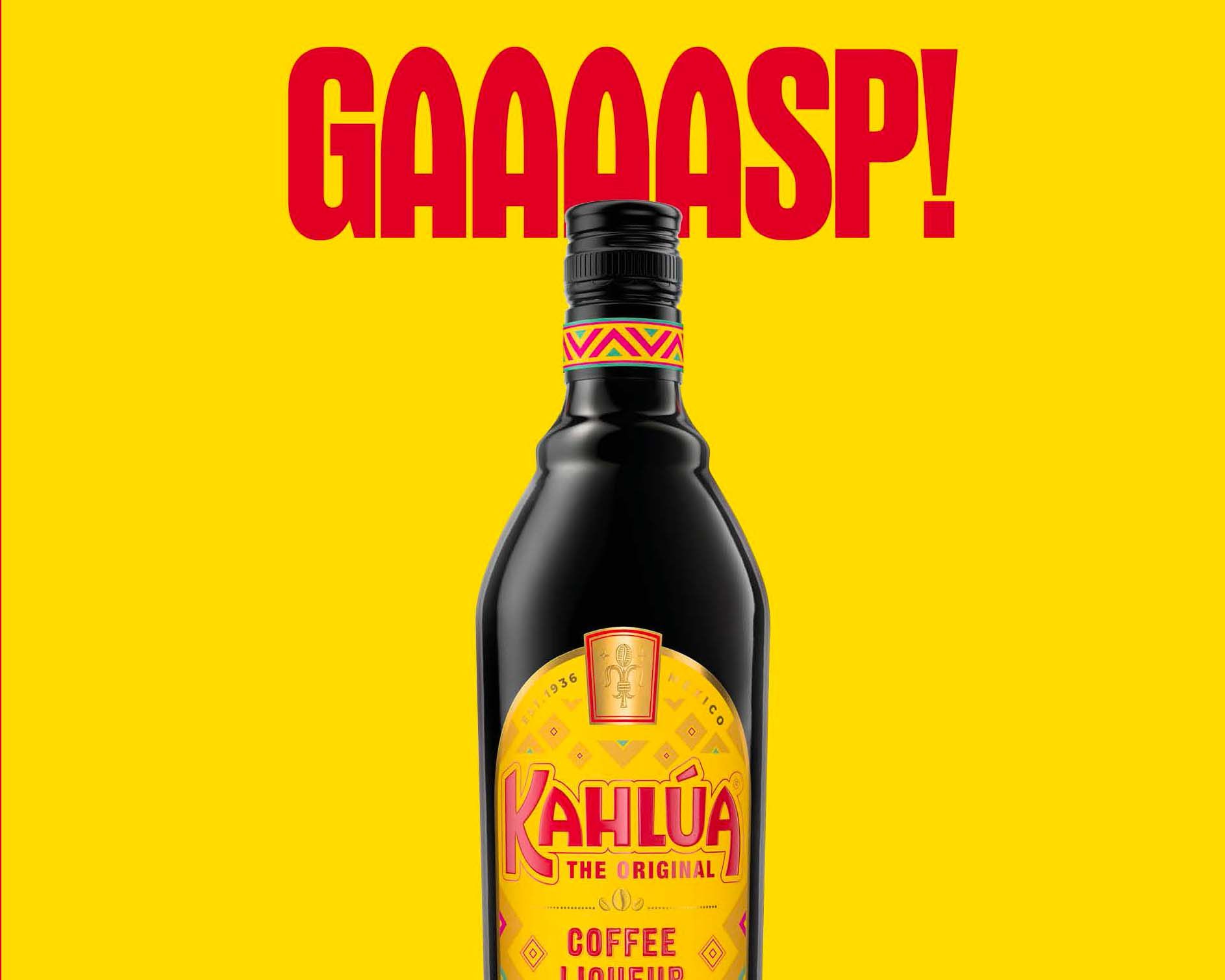 Kahlua bottle placed against a yellow background with text 'gaaassssp!' in red