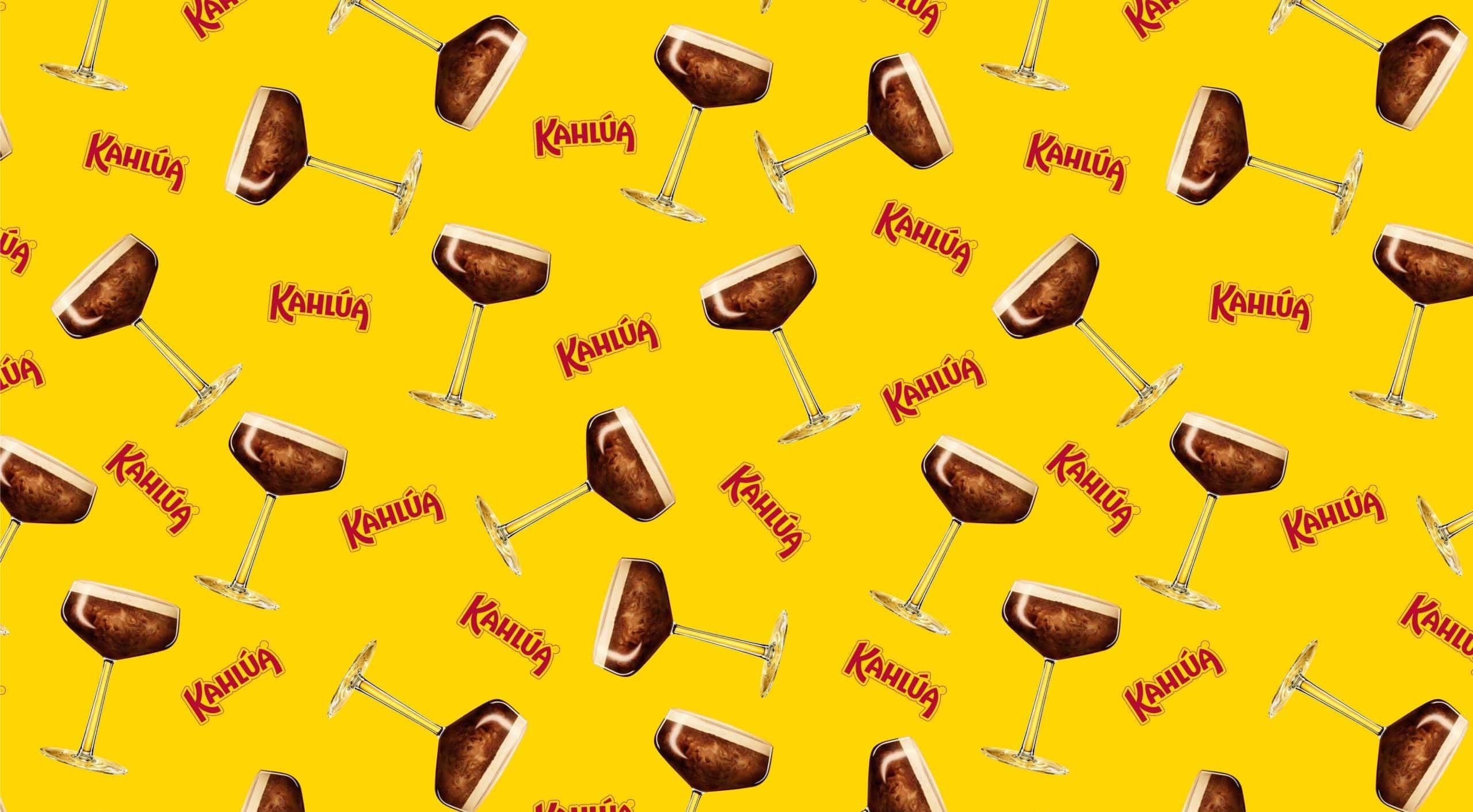 Background image of kahlua logo and espresso martini cutout repeated over a yellow background