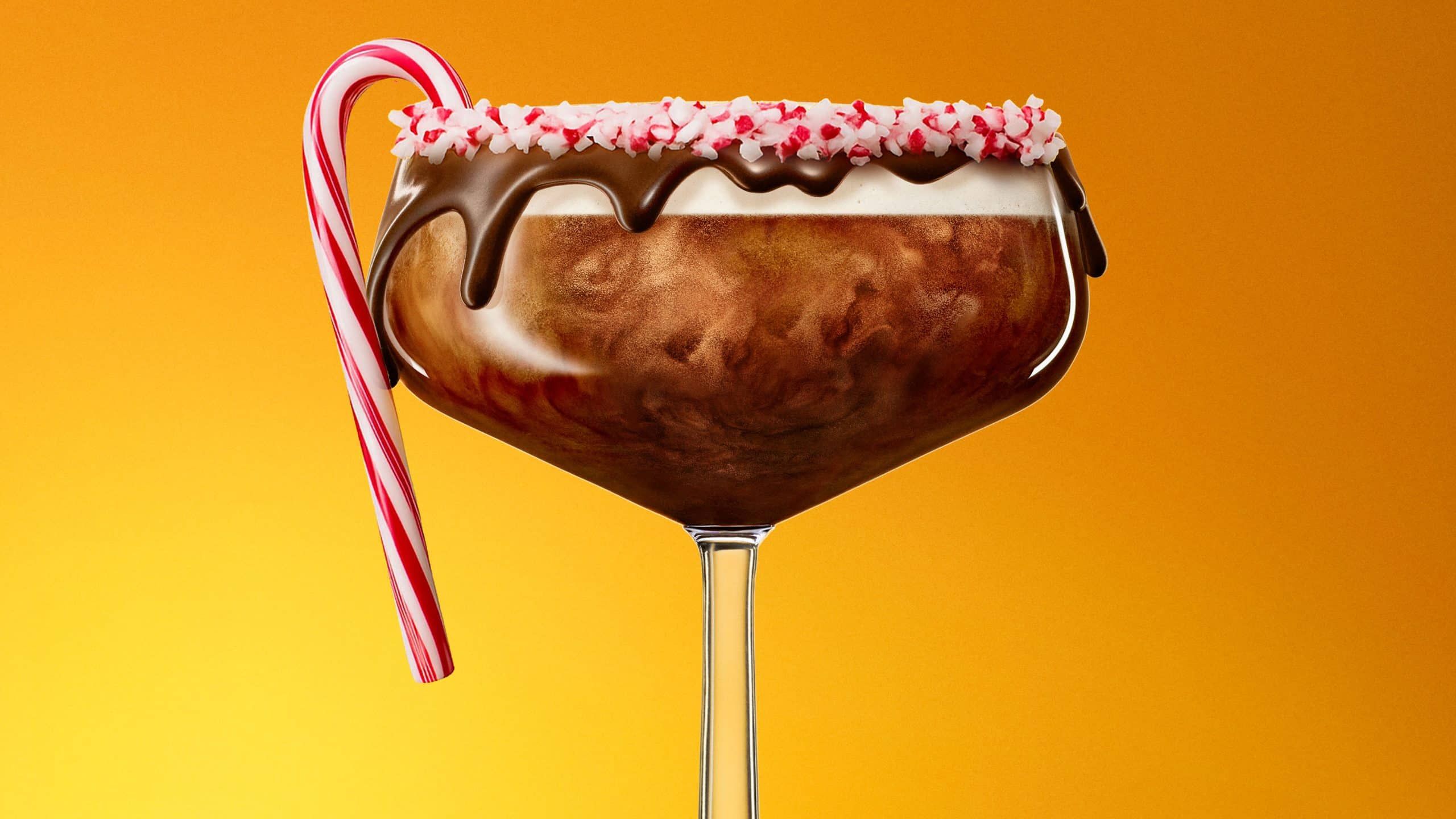 One Chocolate Peppermint Martini cocktail garnished with chocolate rim and
