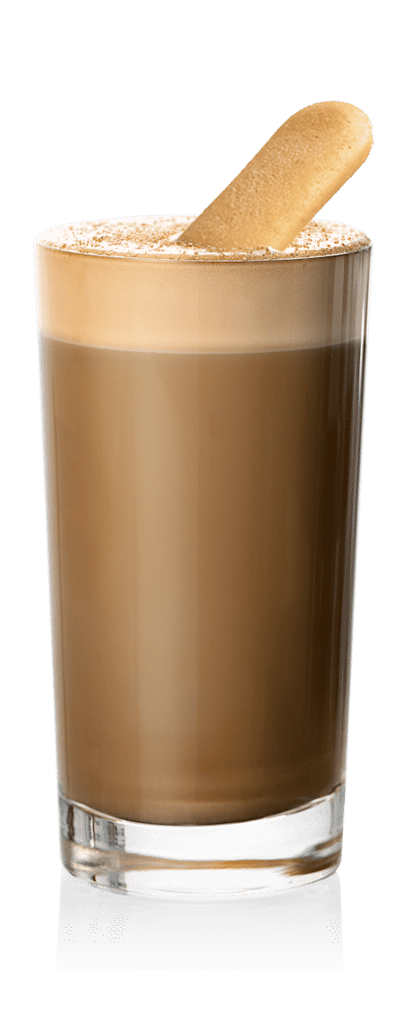 Kahlua Tiramisu Latte in a highball glass with a ladyfinger garnish against a transparent background